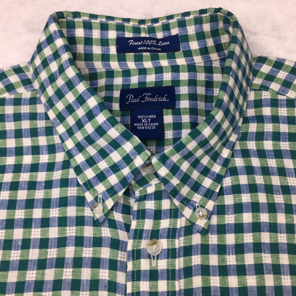 Paul Fredrick Shirt Mens XLT Green/Blue Checks 100% Linen Long Sleeves